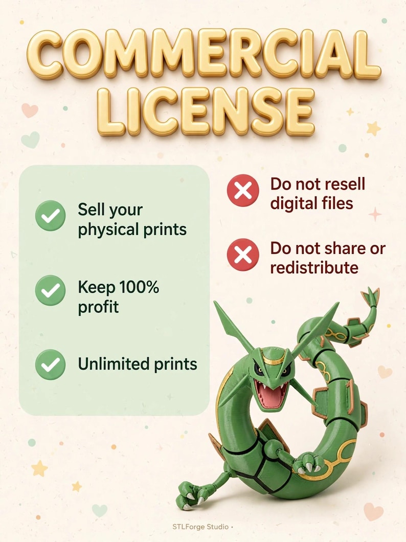 K&ouml;nnte beinhalten: Eine Infografik zur kommerziellen Lizenz mit dem Text COMMERCIAL LICENSE, Sell your physical prints, Keep 100% profit, Unlimited prints, Do not resell digital files und Do not share or redistribute sowie einer gr&uuml;nen Drachenfigur.