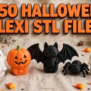 May include: A collection of 3D printed Halloween figures including a white ghost, an orange jack-o'-lantern, a black bat, a black spider, and a white skull. The text +150 HALLOWEEN FLEXI STL FILES is displayed at the top in orange and black.