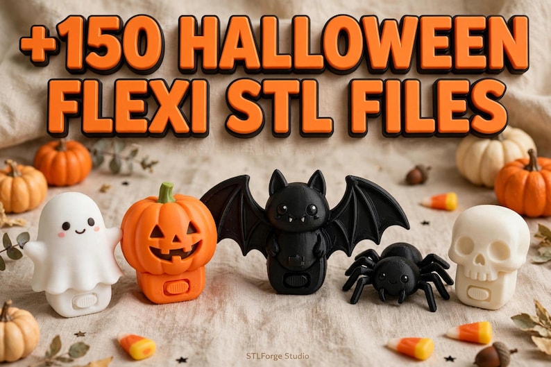 May include: A collection of 3D printed Halloween figures including a white ghost, an orange jack-o'-lantern, a black bat, a black spider, and a white skull. The text +150 HALLOWEEN FLEXI STL FILES is displayed at the top in orange and black.
