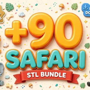 Puede incluir: Un gr&aacute;fico digital con el texto +90 SAFARI STL BUNDLE en grandes letras 3D de color naranja y turquesa. La imagen incluye ilustraciones estilo caricatura de un le&oacute;n, una jirafa, un elefante y una cebra, junto con peque&ntilde;os iconos de hojas.