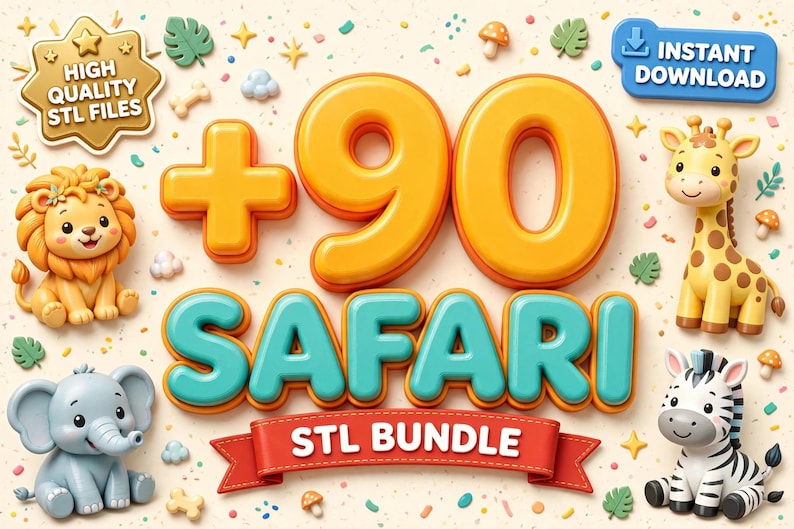 Puede incluir: Un gr&aacute;fico digital con el texto +90 SAFARI STL BUNDLE en grandes letras 3D de color naranja y turquesa. La imagen incluye ilustraciones estilo caricatura de un le&oacute;n, una jirafa, un elefante y una cebra, junto con peque&ntilde;os iconos de hojas.