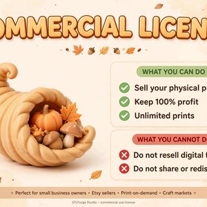 Puede incluir: Un documento de licencia comercial con una cornucopia de color canela llena de una calabaza, una bellota y un hongo. El texto incluye COMMERCIAL LICENSE, WHAT YOU CAN DO, Sell your physical prints, Keep 100% profit, Unlimited prints, WHAT YOU CANNOT DO, Do not resell digital files y Do not share or redistribute.