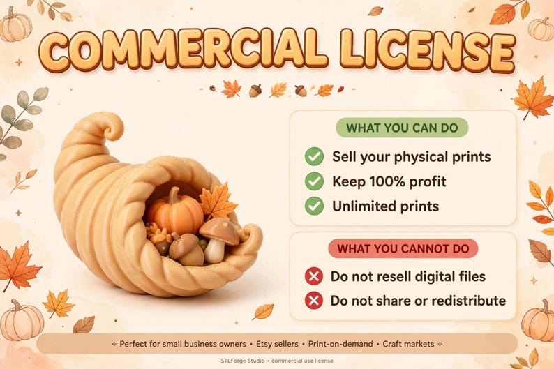 Puede incluir: Un documento de licencia comercial con una cornucopia de color canela llena de una calabaza, una bellota y un hongo. El texto incluye COMMERCIAL LICENSE, WHAT YOU CAN DO, Sell your physical prints, Keep 100% profit, Unlimited prints, WHAT YOU CANNOT DO, Do not resell digital files y Do not share or redistribute.