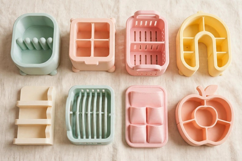 May include: A collection of eight pastel-coloured silicone organisers in various shapes and configurations. The set includes rectangular bins with dividers, a tiered shelf, a dish rack, a pocketed tray, and an apple-shaped container in shades of mint, peach, and yellow.