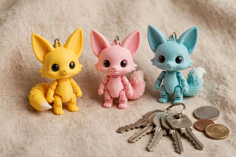 May include: Three articulated fox figurines in yellow, pink, and light blue, each featuring large dark eyes, pointed ears, and a textured tail. A metal keyring is attached to the top of each fox head, and a set of metal keys and coins sit nearby.