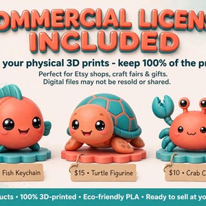 May include: Three 3D-printed figures: a coral-colored fish, a teal and coral turtle, and a coral crab. Each sits on a scalloped base with a brown tag labeled with its name and price. Text reads: COMMERCIAL LICENSE INCLUDED, Sell your physical 3D prints - keep 100% of the profit!, and All products - 100% 3D-printed - Eco-friendly PLA - Ready to sell at your shop!