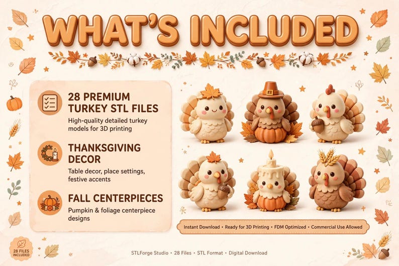28 Thanksgiving Turkey 3D Print Files, Fall Decor Bundle (Digital Download) image 2