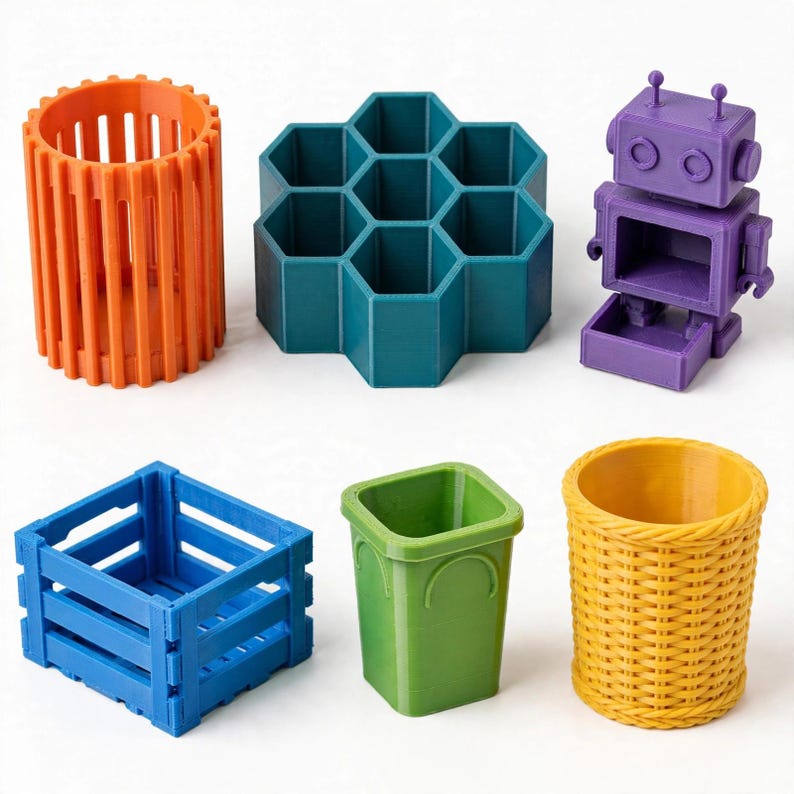 May include: A collection of six small desk organisers including an orange slatted cylinder, a teal honeycomb-shaped container, a purple robot-shaped holder, a blue crate, a green square bin, and a yellow woven-texture cylindrical pencil cup.
