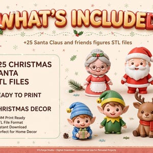 Puede incluir: Una colecci&oacute;n digital de 25 archivos STL de figuras de Pap&aacute; Noel y amigos para impresi&oacute;n 3D. La imagen muestra cinco peque&ntilde;as figuras: la Se&ntilde;ora Claus, Pap&aacute; Noel, dos elfos y un reno. El texto incluye WHAT'S INCLUDED, +25 CHRISTMAS SANTA STL FILES, READY TO PRINT y CHRISTMAS DECOR.