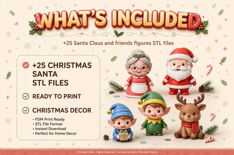 Puede incluir: Una colecci&oacute;n digital de 25 archivos STL de figuras de Pap&aacute; Noel y amigos para impresi&oacute;n 3D. La imagen muestra cinco peque&ntilde;as figuras: la Se&ntilde;ora Claus, Pap&aacute; Noel, dos elfos y un reno. El texto incluye WHAT'S INCLUDED, +25 CHRISTMAS SANTA STL FILES, READY TO PRINT y CHRISTMAS DECOR.