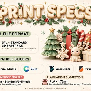 Może przedstawiać: Grafika informacyjna zatytułowana PRINT SPECS z ikonami świątecznymi, takimi jak choinka, renifer i prezenty. Zawiera szczeg&oacute;ły formatu pliku STL, kompatybilne slicery, w tym Bambu Studio, Cura, OrcaSlicer i PrusaSlicer, oraz zalecenia dotyczące dyszy 0,4 mm i filamentu PLA 1,75 mm.