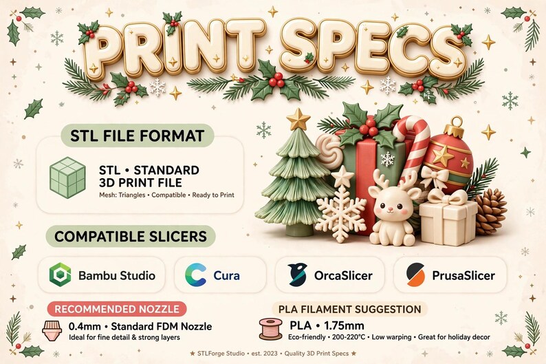 Może przedstawiać: Grafika informacyjna zatytułowana PRINT SPECS z ikonami świątecznymi, takimi jak choinka, renifer i prezenty. Zawiera szczeg&oacute;ły formatu pliku STL, kompatybilne slicery, w tym Bambu Studio, Cura, OrcaSlicer i PrusaSlicer, oraz zalecenia dotyczące dyszy 0,4 mm i filamentu PLA 1,75 mm.