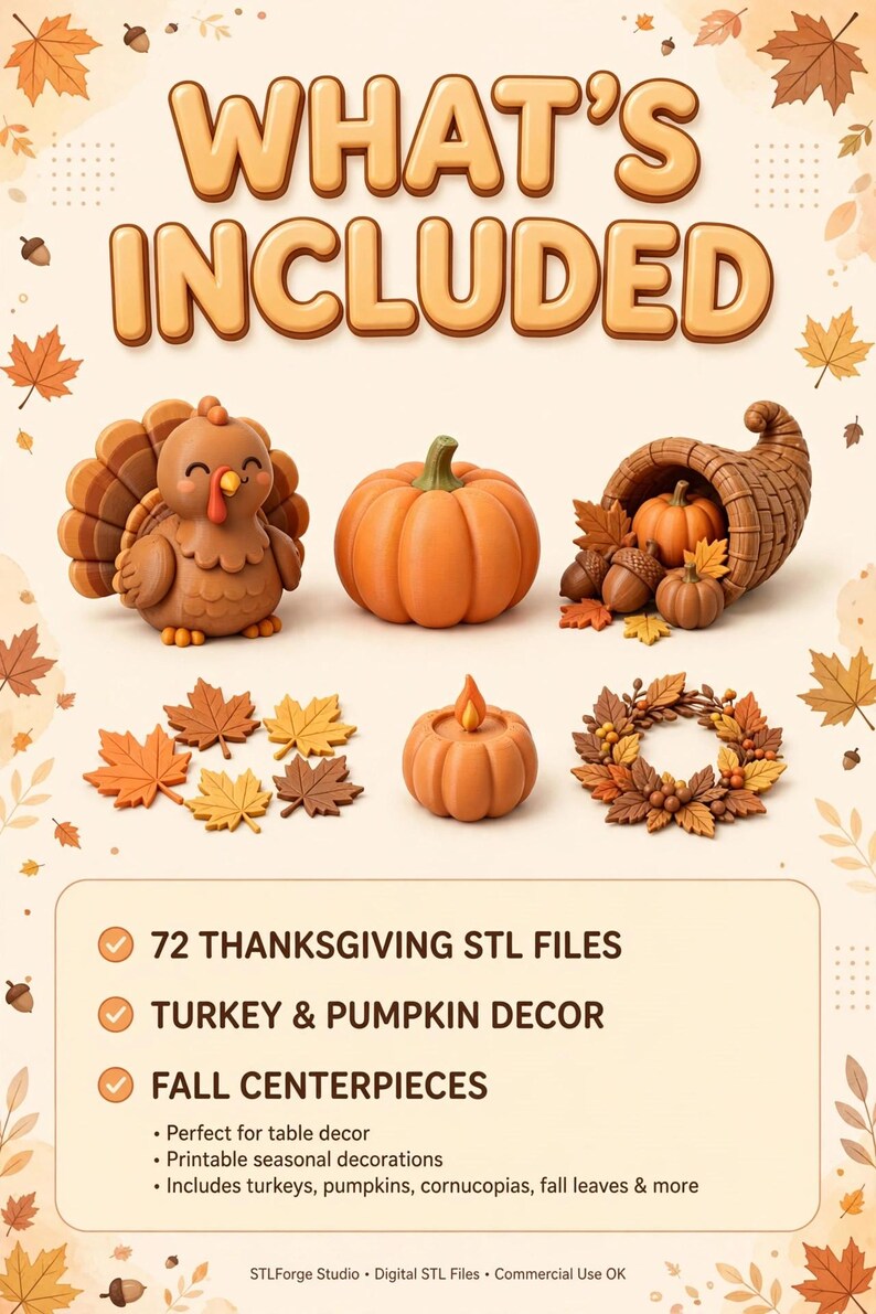 Puede incluir: Un gr&aacute;fico digital titulado WHAT'S INCLUDED con ilustraciones 3D de un pavo, calabaza, cornucopia, hojas y una vela. El texto enumera 72 archivos STL de Acci&oacute;n de Gracias, decoraci&oacute;n de pavo y calabaza, y centros de mesa de oto&ntilde;o.