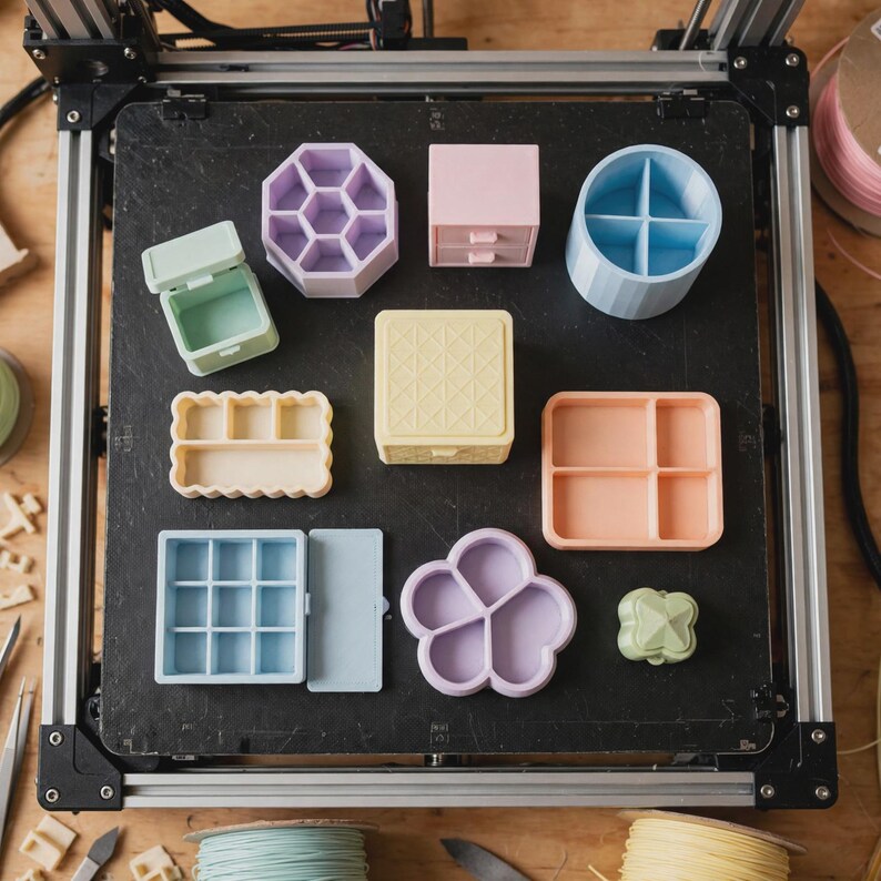 May include: A collection of pastel-colored 3D printed organizers and storage containers in various shapes including hexagonal, square, circular, and flower-like designs, arranged on a black printer bed surface.