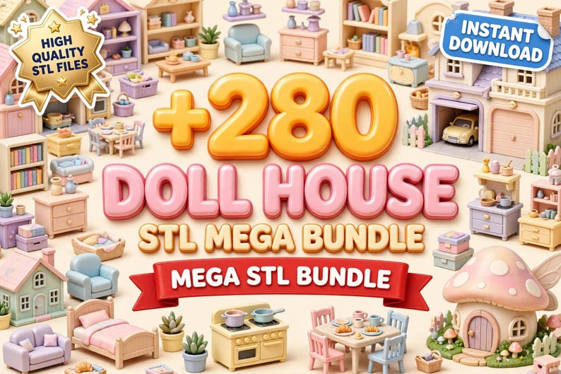 Pacote Mega com mais de 280 arquivos STL para impressão 3D de casas de boneca, móveis e edifícios em miniatura. imagem 1