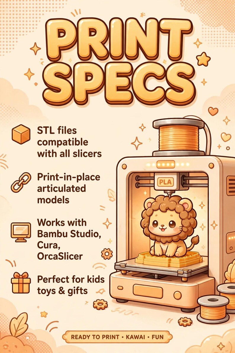 May include: A beige 3D printer creating a small lion figure, with text reading PRINT SPECS, STL files compatible with all slicers, Print-in-place articulated models, Works with Bambu Studio, Cura, OrcaSlicer, and READY TO PRINT KAWAI FUN.
