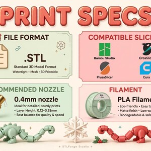 May include: An infographic titled PRINT SPECS detailing 3D printing requirements including .STL file format, compatible slicers like Bambu Studio and Cura, a 0.4mm nozzle, and PLA filament. Features a green articulated dragon and a red dragon.