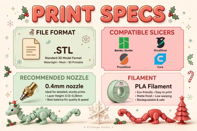May include: An infographic titled PRINT SPECS detailing 3D printing requirements including .STL file format, compatible slicers like Bambu Studio and Cura, a 0.4mm nozzle, and PLA filament. Features a green articulated dragon and a red dragon.