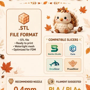 Puede incluir: Una infograf&iacute;a titulada PRINT SPECS que muestra una ilustraci&oacute;n de un pavo en 3D, detalles del formato de archivo STL, logotipos de slicers compatibles como Bambu Studio, Cura, OrcaSlicer y PrusaSlicer, y ajustes de impresi&oacute;n para 0.4mm y PLA.