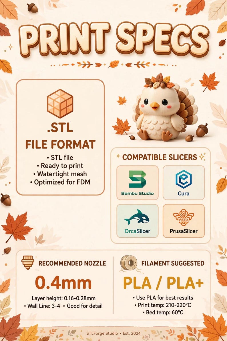 Puede incluir: Una infograf&iacute;a titulada PRINT SPECS que muestra una ilustraci&oacute;n de un pavo en 3D, detalles del formato de archivo STL, logotipos de slicers compatibles como Bambu Studio, Cura, OrcaSlicer y PrusaSlicer, y ajustes de impresi&oacute;n para 0.4mm y PLA.