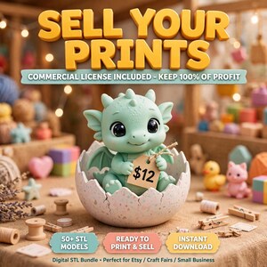 May include: A light green baby dragon figurine sitting inside a speckled eggshell. The dragon holds a tan tag with the text $12. Above the dragon, the text reads SELL YOUR PRINTS and COMMERCIAL LICENSE INCLUDED - KEEP 100% OF PROFIT.
