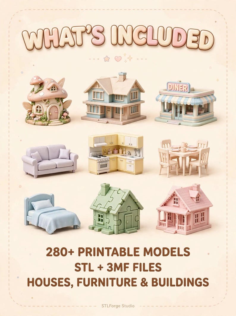 Pacote Mega com mais de 280 arquivos STL para impressão 3D de casas de boneca, móveis e edifícios em miniatura. imagem 2