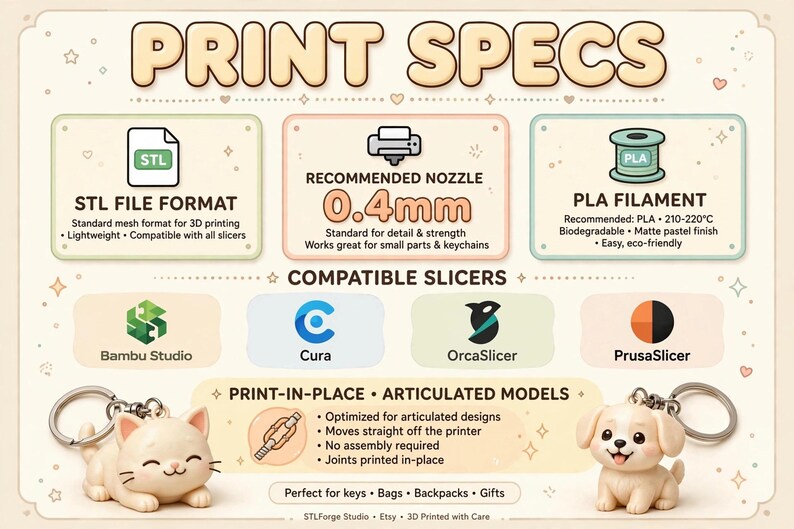May include: An informational graphic titled PRINT SPECS detailing 3D printing requirements. It lists STL file format, a 0.4mm nozzle, PLA filament, and compatible slicers like Bambu Studio, Cura, OrcaSlicer, and PrusaSlicer. Includes two keychains.