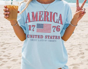 July 4th America Shirt Retro Fourth of July Tshirt Oversized USA Tee Patriotic Flag Shirt Comfort Color Retro Summer  Vintage America Tee