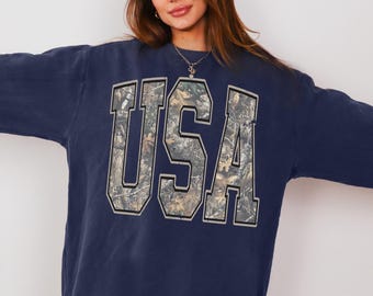 Camo USA 4th Of July Sweatshirt Comfort Colors Western Fourth of July Shirt Trendy Oversized American Pullover Patriotic Shirt Flag Shirt