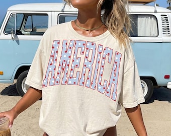 Retro 4th of July America Shirt, Preppy Patriotic USA Tee, Trendy Oversized Comfort Colors Tshirt, Aesthetic Independence Day Shirt Flag Tee