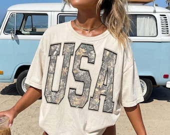 Camo 4th of July Shirt, Western USA Tee, Oversized Patriotic Comfort Colors Shirt, USA Washed Camo Varsity Graphic Tee Western July 4th Tee