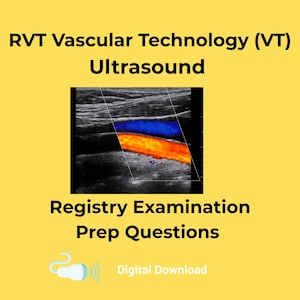 Può includere: Un download digitale di una guida di studio per l'Esame di Registrazione per Tecnologi Vascolari Registrati (RVT) in Ecografia. L'immagine di copertina mostra un'immagine ecografica Doppler a colori di un vaso sanguigno.