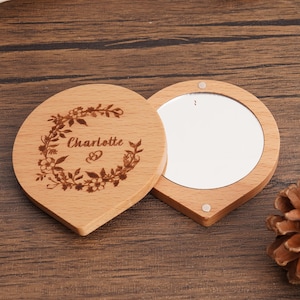 Espejo de maquillaje para mujer de bolsillo de madera personalizado hecho a mano, espejo pequeño, espejo portátil, espejo de belleza giratorio, magnético de mano, regalo de mamá