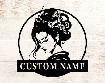 Custom Japanese Geisha Metal Wall Art, Personalized Room Japanese Geisha Name Sign Decor, Metal Home Decor, Wall Decor, Wall Art