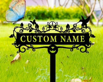 Custom Bird Flower Metal Garden Stake Art Sign, Personalized Garden Outdoor Patio Decor, Garden Name Stake, Flower Bed Sign, Garden Gift