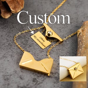 Collar con mensaje personalizado, sobre dorado personalizado, collar con sobre para pareja, medallón, regalo de aniversario, anillo para él y para ella.