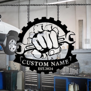 Cartello in metallo personalizzato per garage, cartello in metallo personalizzato con il nome del negozio di lavoro Papas, cartello in metallo per esterni Garage Tools, cartello con il nome Garage Lover