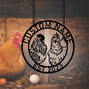 Letrero de metal personalizado de granja de pollos, letrero de gallinero, arte de metal personalizado, decoración de casa de campo, letrero de gallinero con nombre de familia, regalos para el día de la madre
