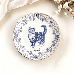 Plato personalizado con retrato vintage de mascota, plato de cerámica con nombre personalizado, bandeja para joyas con borde floral, regalo de recuerdo para amantes de las mascotas imagen 3
