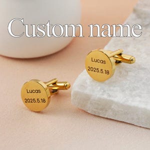 Gemelos de boda con nombre personalizado, gemelos de acero inoxidable de 18 quilates, gemelos personalizados con nombre para hombre, gemelos artesanales, para esposo, regalo del Día del Padre.