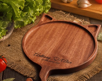 Plato de pizza de madera maciza personalizado, personalizado con tu nombre, bandeja de madera para gatos, plato llano para filetes, palé, plato redondo de madera para exhibición de gatos