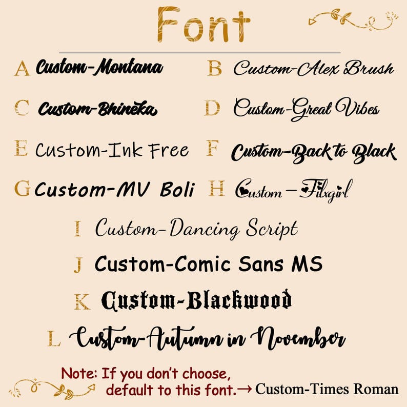 Puede incluir: Un fondo beige muestra varios estilos de fuente etiquetados de la A a la L, con la palabra "Font" en la parte superior. Cada fuente tiene un nombre, como "Custom-Montana" y "Custom-Alex Brush". Una nota indica una fuente predeterminada.