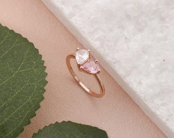 Personalized Birthstone Ring,Women&#39;s Ring,Two Waterdrop Birthstone Ring,Minimalist Ring,Couple Ring,Custom Gift,Valentine&#39;s Day Gift