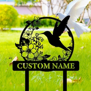Enseigne artistique personnalisée de piquet de jardin en métal, oiseau fleur, décoration de patio extérieur, piquet de jardin, panneau de parterre de fleurs, cadeau jardin, cadeau de pendaison de crémaillère, pour papa