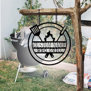 Personalized BBQ Kitchen Signs, BBQ Custom Metal Signs, Backyard BBQ, Porch, Outdoor Kitchen, Outdoor Patio, Father&#39;s Day