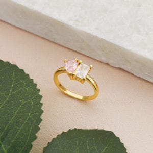 Custom Two Birthstone Ring,Women&#39;s Ring,Rectangular Waterdrop Stone Ring,Minimalist Ring,Couple Ring,Personalized Gift,Valentine&#39;s Day Gift