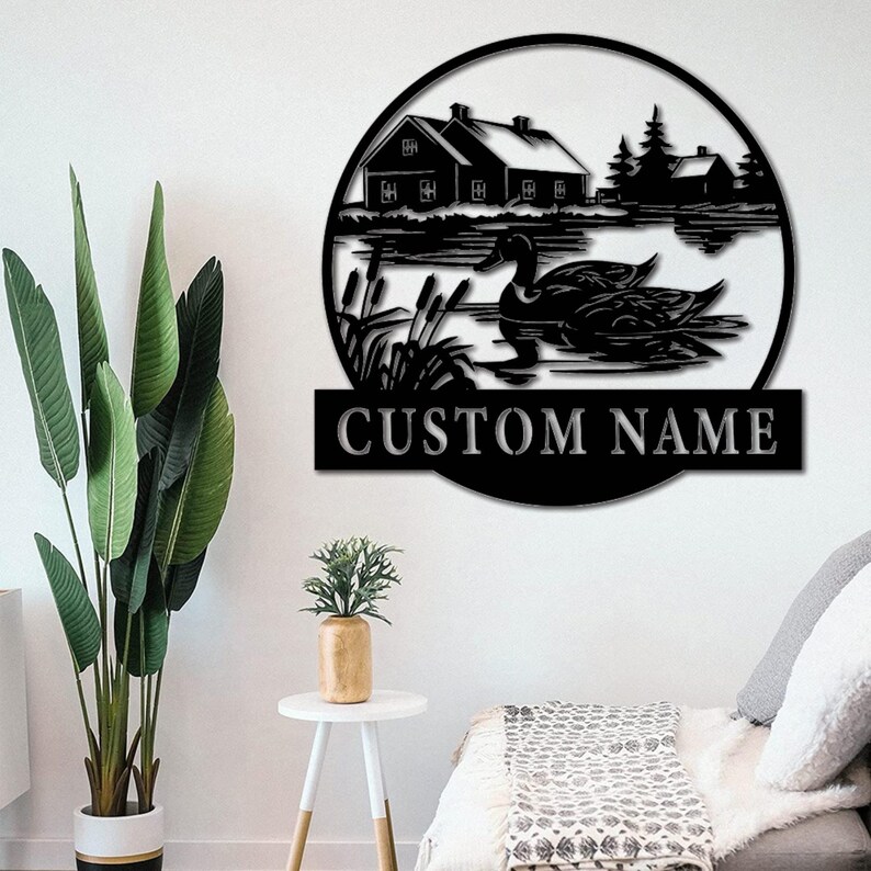 Custom Lake Duck Round Metal Wall Art, Personalized Lake Duck Room Name