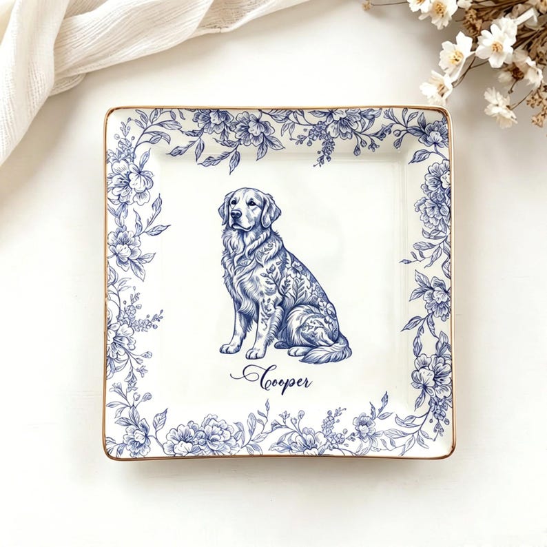 Plato personalizado con retrato vintage de mascota, plato de cerámica con nombre personalizado, bandeja para joyas con borde floral, regalo de recuerdo para amantes de las mascotas imagen 2