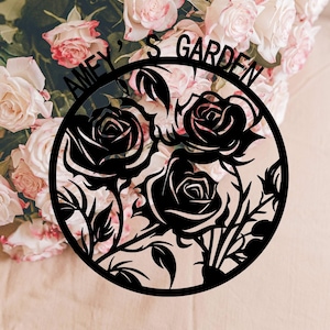 Plaque nominative personnalisée en métal de jardin de roses, plaque d'art mural personnalisée en métal rose, cadeau jardinier, décoration murale de fleurs roses, pendaison de crémaillère