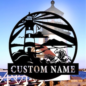 Custom Lighthouse Metal Wall Art Name Sign, Personalized Lighthouse Metal Wall Hanging, Home Wall Decor, Lake House Gift, Housewarming